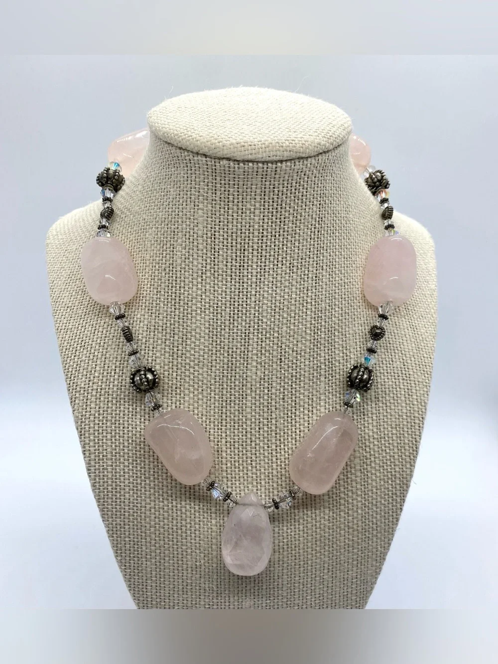Pink Rose Quartz Beaded Necklace Boho Chunky Summer Coastal Beach Eclectic